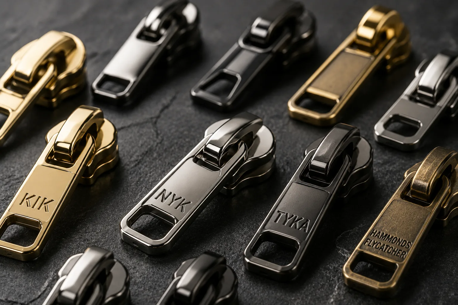 Premium zipper slider collection in nickel, gunmetal, gold and antique brass finishes